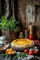 Rustic pizza surrounded by fresh ingredients