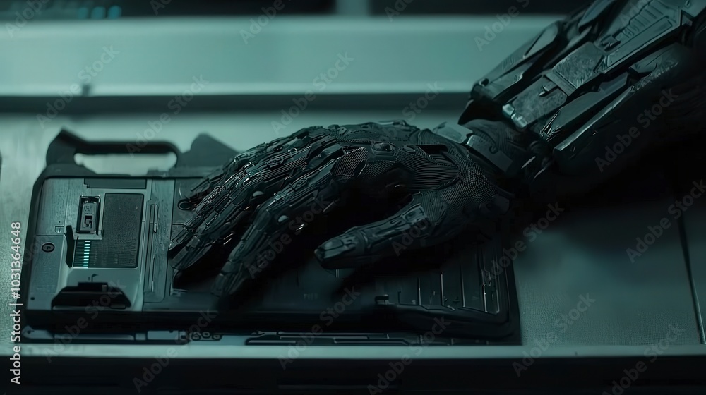 Poster futuristic robotic hand interacting with advanced technology and device