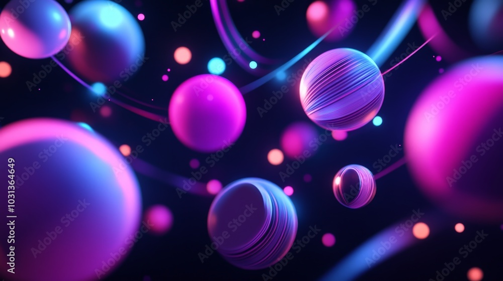 Poster a 3d composition of floating geometric shapes and glowing orbs, arranged in a balanced and dynamic p