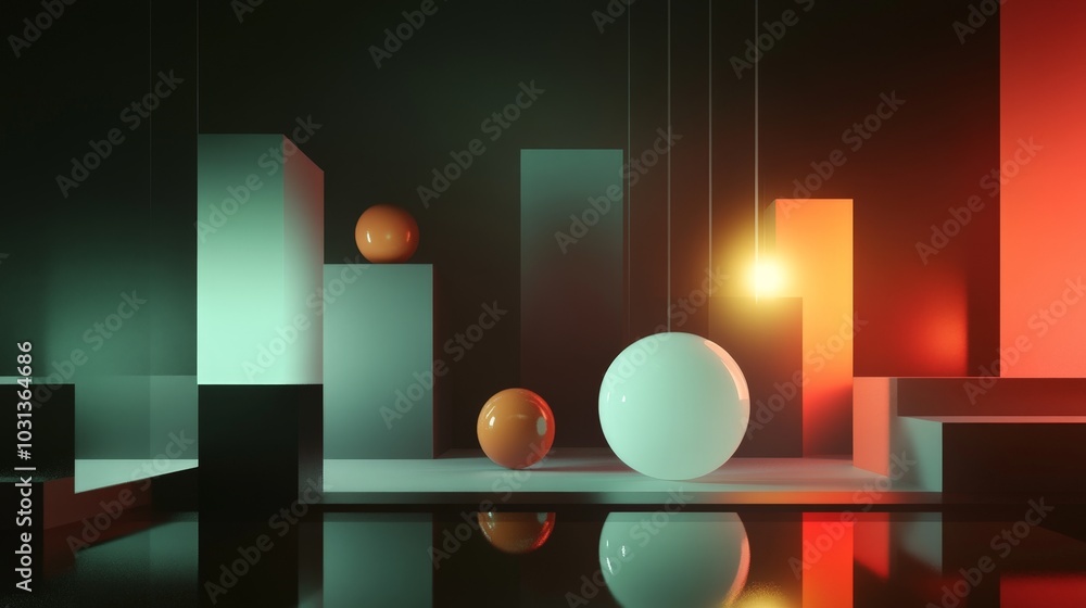 Poster a 3d composition of floating geometric shapes and glowing orbs, arranged in a balanced and dynamic p