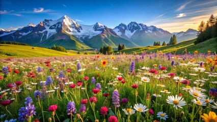 Fototapeta premium A Vibrant Meadow Bursting with Color, Flanked by Majestic Snow-Capped Mountains and a Serene Sunset Sky