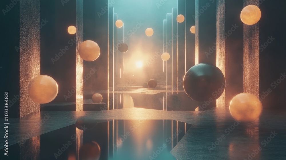 Aufkleber a 3d composition of floating geometric shapes and glowing orbs, arranged in a balanced and dynamic p