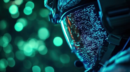 Close-up of a soldier's helmet reflecting digital data in glowing surroundings.