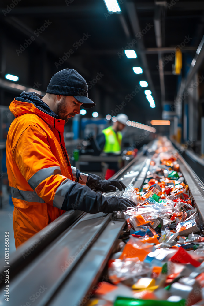 Poster a side view of a recycling facility sorting line, where workers and machines are separating differen