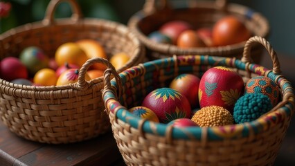 Colorful decorative eggs in woven baskets arranged on wooden table artful display creativity festive decor concept