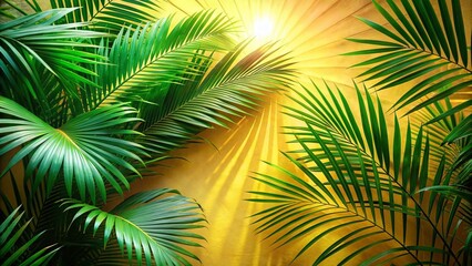 Fototapeta premium Double Exposure of Green Palm Leaves and Sunbeams on a Yellow Wall for Tropical Vibes
