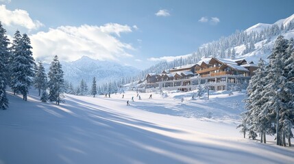A 3D rendering of a snowy mountain landscape with a ski lodge in the distance, detailed snow textures, and pine trees scattered across the slopes.