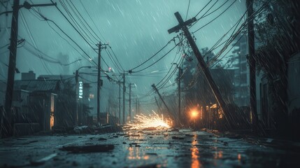 Hurricane aftermath shows downed power lines and darkened streets with electrical sparks during a severe storm