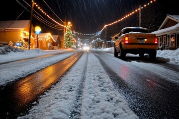 Small-town street in Wisconsin during a snowstorm, with holiday lights glowing through the snowfall