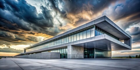 Modern futuristic concrete building with dramatic sky, futuristic, architecture, urban, cityscape, contemporary