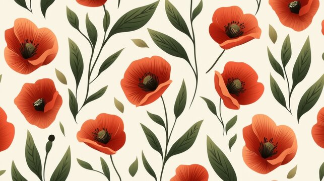 Hand-drawn vintage-inspired floral pattern featuring detailed poppies and leafy accents on a light antique backdrop