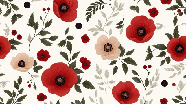 Hand-drawn vintage-inspired floral pattern featuring detailed poppies and leafy accents on a light antique backdrop