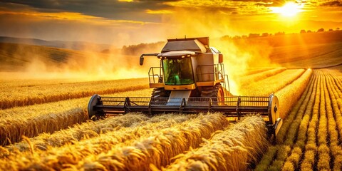 Fototapeta premium Double Exposure of Yellow Harvester in Grain Fields at Harvest Time