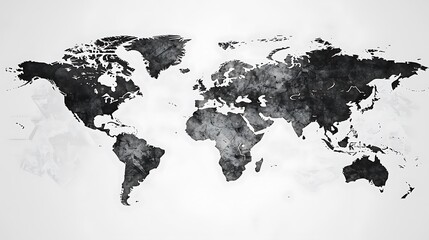 Black and White Watercolor World Map Silhouette on White Background