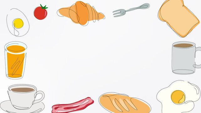 Frame of breakfast food and drink. Bread, toast, egg, fried egg, coffee, tomato. Hand drawn line drawings illustration. Copy space.