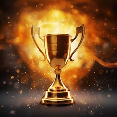 Shiny golden trophy on a dark background with sparkles and fiery glow.