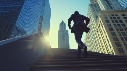 Courier dashes up the steps of a Chicago skyscraper, energized by morning light and the rush of the city