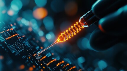 Hand holding a glowing syringe above a circuit board, futuristic digital theme.