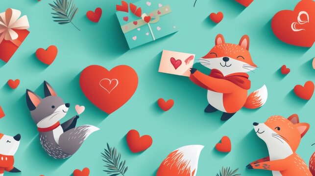 A vibrant design of adorable animals exchanging gifts and love notes against a cheerful Valentine's Day backdrop
