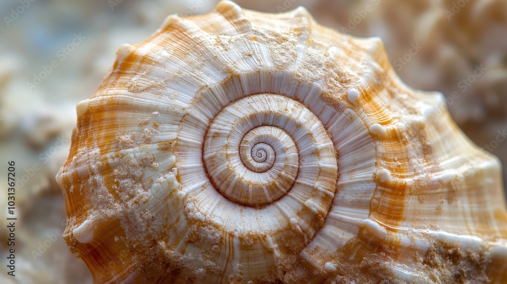 Poster a close-up view of a beautifully detailed spiral shell showcasing divine proportion and natural text