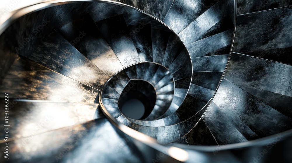 Poster A close-up view of a modern spiral staircase featuring metallic textures and symmetrical design showcased under strategic lighting