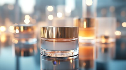 A close-up shot of luxury skin care products in glass containers, placed on a glossy surface with light reflections emphasizing the premium design.