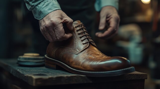 A skilled shoe seller showcases a finely crafted leather boot highlighting detailed stitching in soft studio lighting