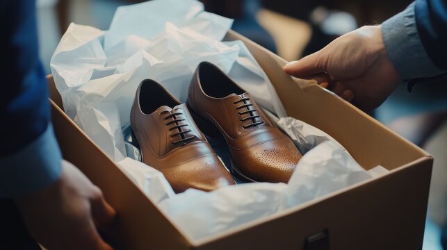 A shoe seller carefully wraps luxury shoes in tissue paper at a boutique store, showcasing attention to detail and fine craftsmanship