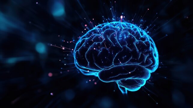 Illuminated digital brain with glowing details and vibrant effects.