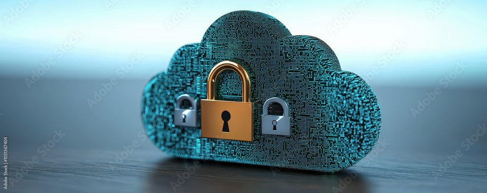 Poster secure cloud icon with personal data points wrapped in encryption and padlocks, privacy, security, f