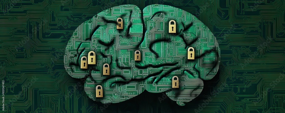Poster abstract human brain made of circuit board patterns, locks and keys interspersed