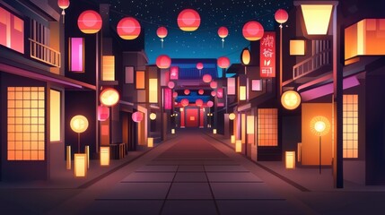 Animated Japanese street at night with neon signs, crowded shops, and glowing lanterns illuminating the narrow paths