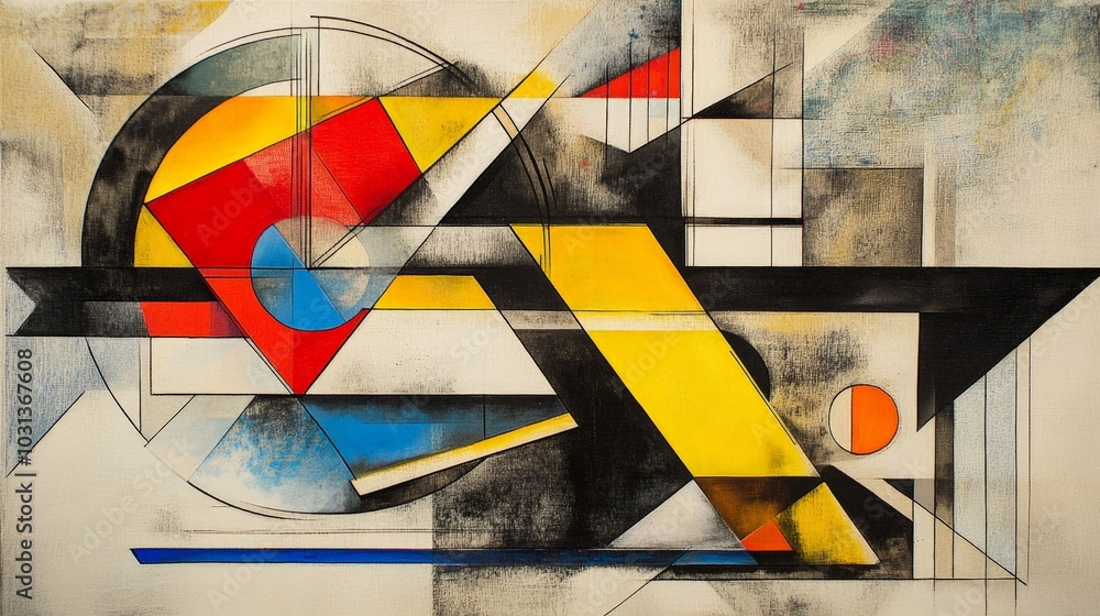 Poster a contemporary composition featuring overlapping transparent geometric shapes, with bold primary col