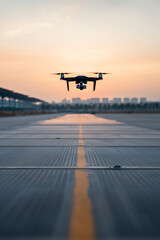 A front view of a droneassisted solar panel installation, where drones are used to inspect and guide the positioning of panels