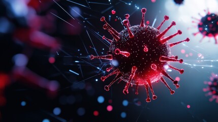Microbial virus model with a red hue on a dark background, particles and details visible.