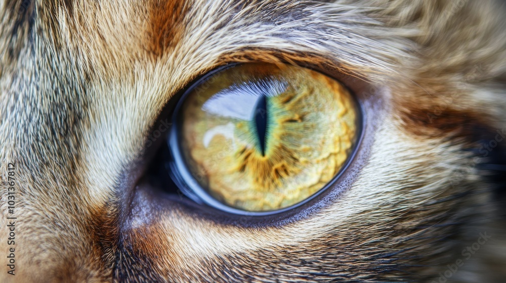 Poster a close-up view of a cat's eye showcasing vibrant colors and divine proportions with a soft blurred 