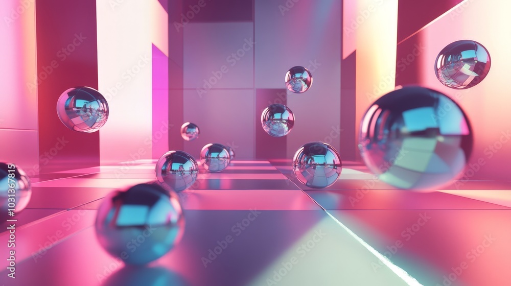 Poster a detailed 3d composition of floating cubes and spheres, arranged in a grid pattern with soft shadow