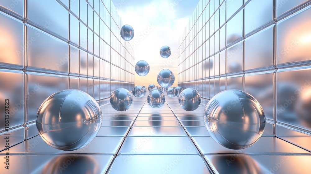 Poster a detailed 3d composition of floating cubes and spheres, arranged in a grid pattern with soft shadow