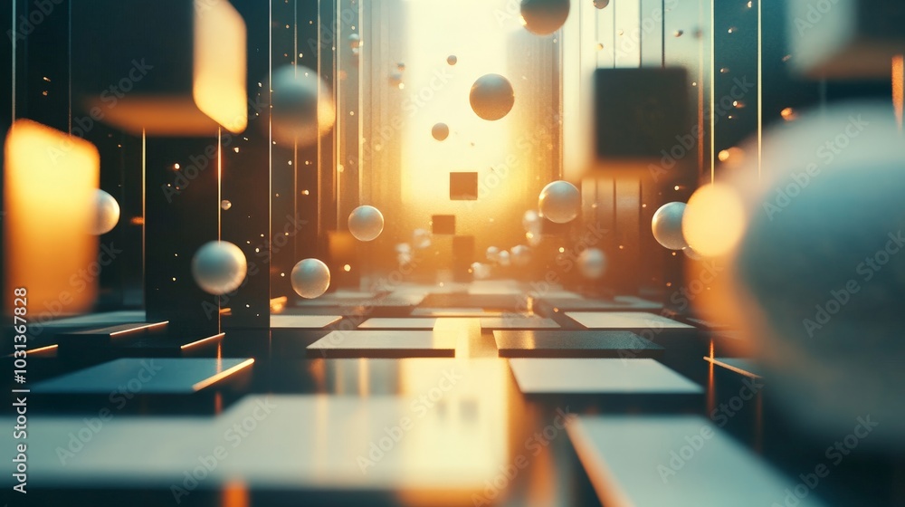 Poster a detailed 3d composition of floating cubes and spheres, arranged in a grid pattern with soft shadow