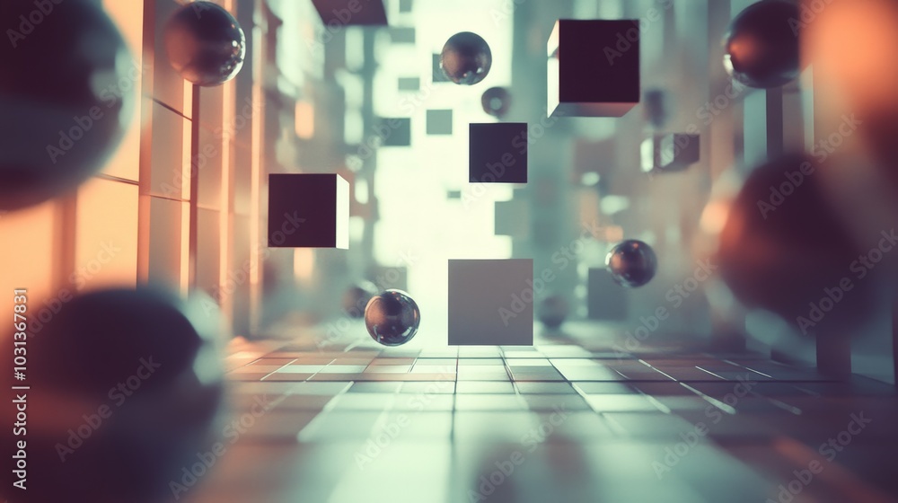 Poster a detailed 3d composition of floating cubes and spheres, arranged in a grid pattern with soft shadow