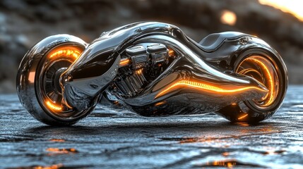 A detailed 3D model of a futuristic motorbike, with sleek aerodynamic design, glowing lights, and reflective metallic surfaces.