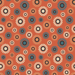 Retro Autumn Folk flowers terracotta orange Vector pattern. Naive flowers in fall dusted colors seamless pattern, orange, blue, cream.