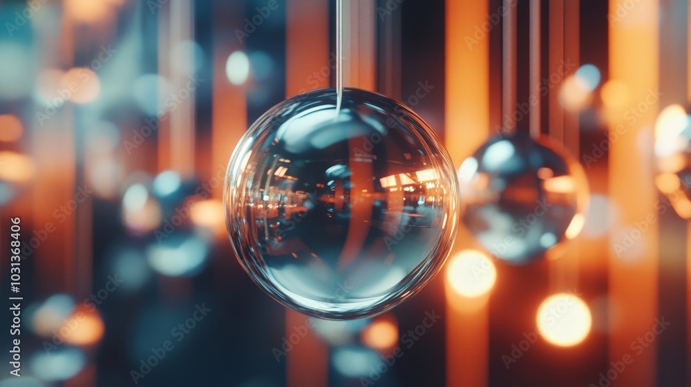 Poster a dynamic composition of floating glass spheres and metallic objects, suspended in mid-air with ligh