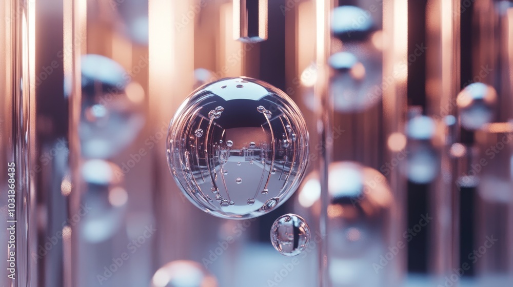 Poster a dynamic composition of floating glass spheres and metallic objects, suspended in mid-air with ligh