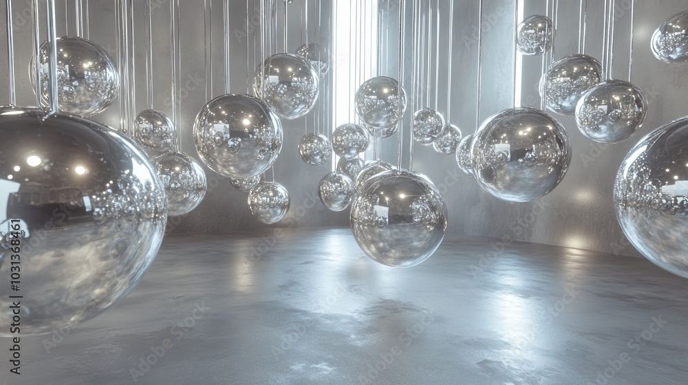 Poster a dynamic composition of floating glass spheres and metallic objects, suspended in mid-air with ligh