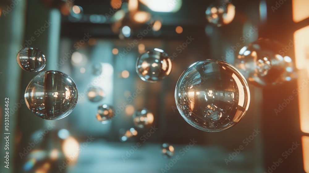 Poster a dynamic composition of floating glass spheres and metallic objects, suspended in mid-air with ligh