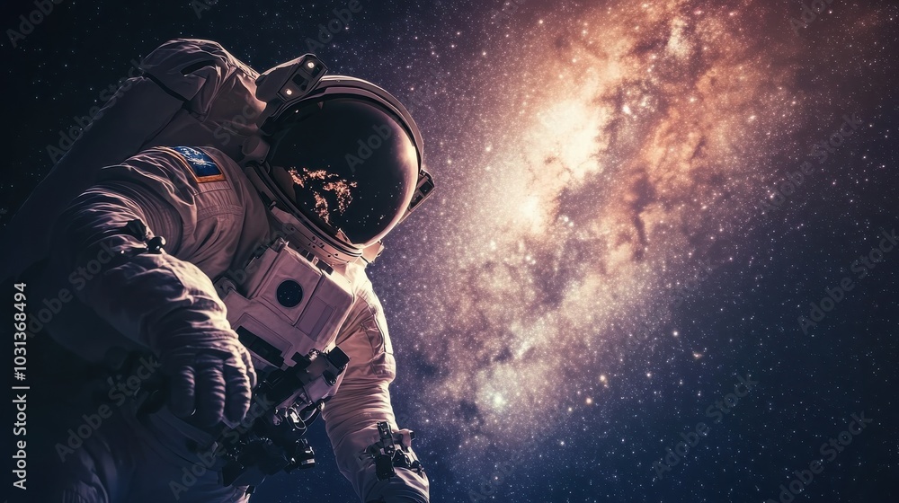 Poster astronaut floating through the vastness of space with the glowing milky way in the distance during a