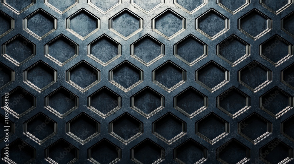 Poster hexagonal patterned surface with a metallic finish and shadow effects