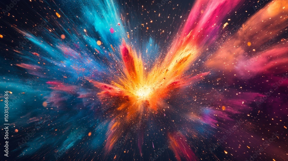 Poster a dynamic explosion of vibrant colors colliding in mid-air, creating a dramatic impact effect with p