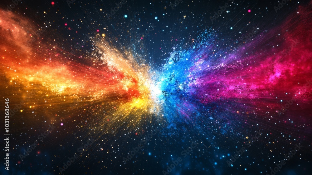 Poster a dynamic explosion of vibrant colors colliding in mid-air, creating a dramatic impact effect with p